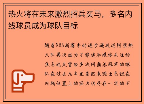 热火将在未来激烈招兵买马，多名内线球员成为球队目标