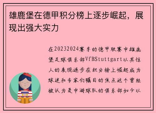 雄鹿堡在德甲积分榜上逐步崛起，展现出强大实力