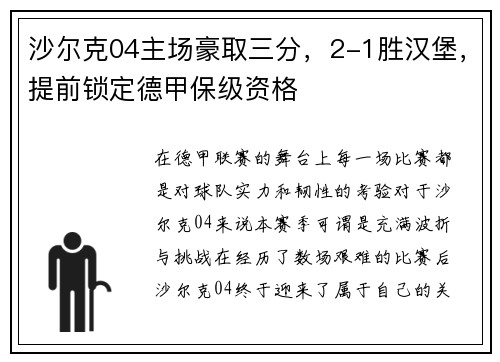 沙尔克04主场豪取三分，2-1胜汉堡，提前锁定德甲保级资格