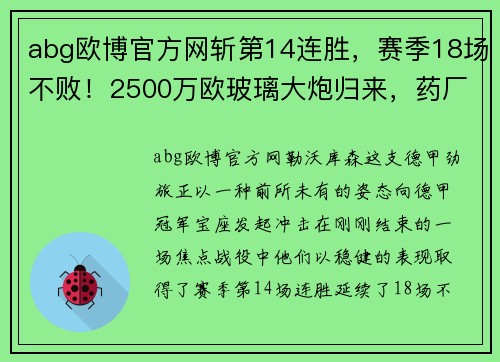 abg欧博官方网斩第14连胜，赛季18场不败！2500万欧玻璃大炮归来，药厂目标德甲冠军